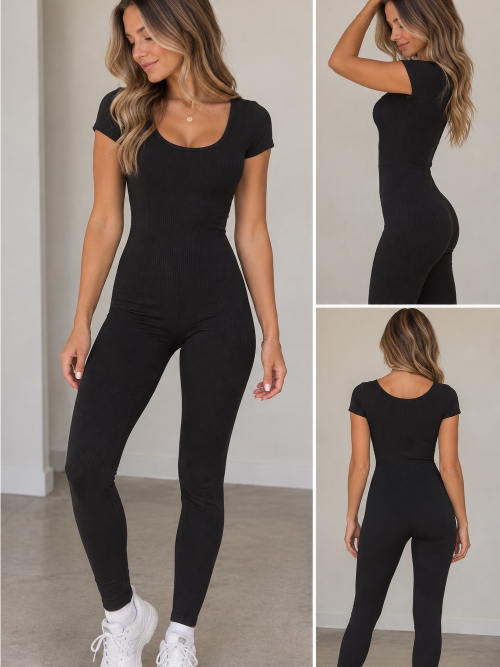 Black Ribbed Short Sleeve Workout Jumpsuit